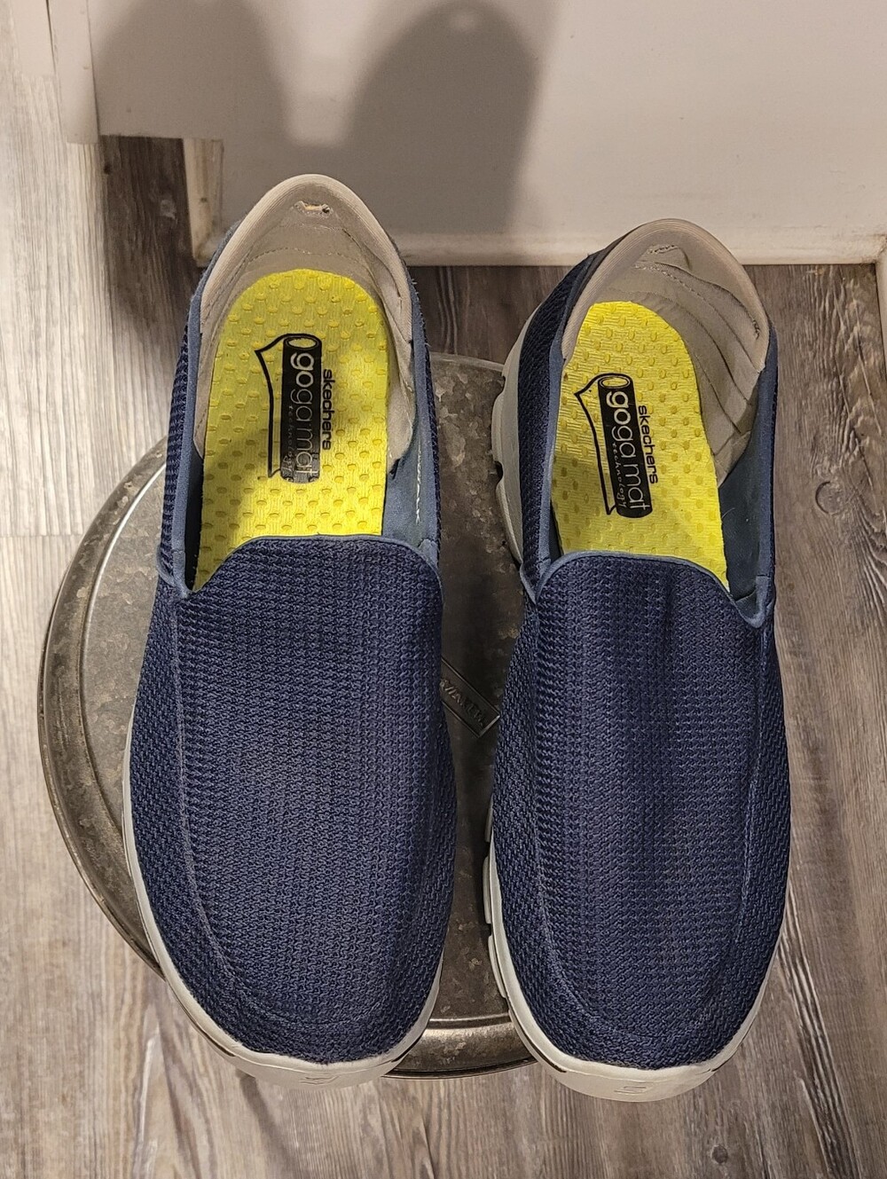 Skechers Navy Knit Slip-On Loafers with Bright Yellow Insoles